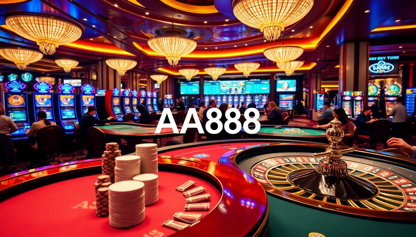 Players enjoying various casino games at AA88, illustrated in a vibrant, luxurious atmosphere.