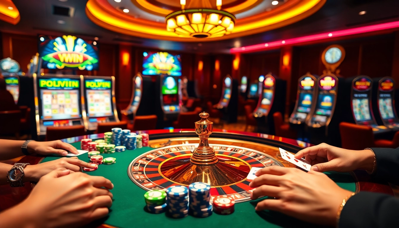 Experience the thrill of hay win at a luxurious casino with vibrant tables and excited players.
