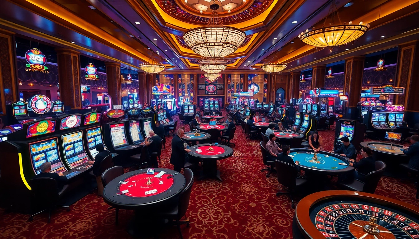 XN88 casino players enjoying vibrant slot machines and poker tables in a luxurious setting.