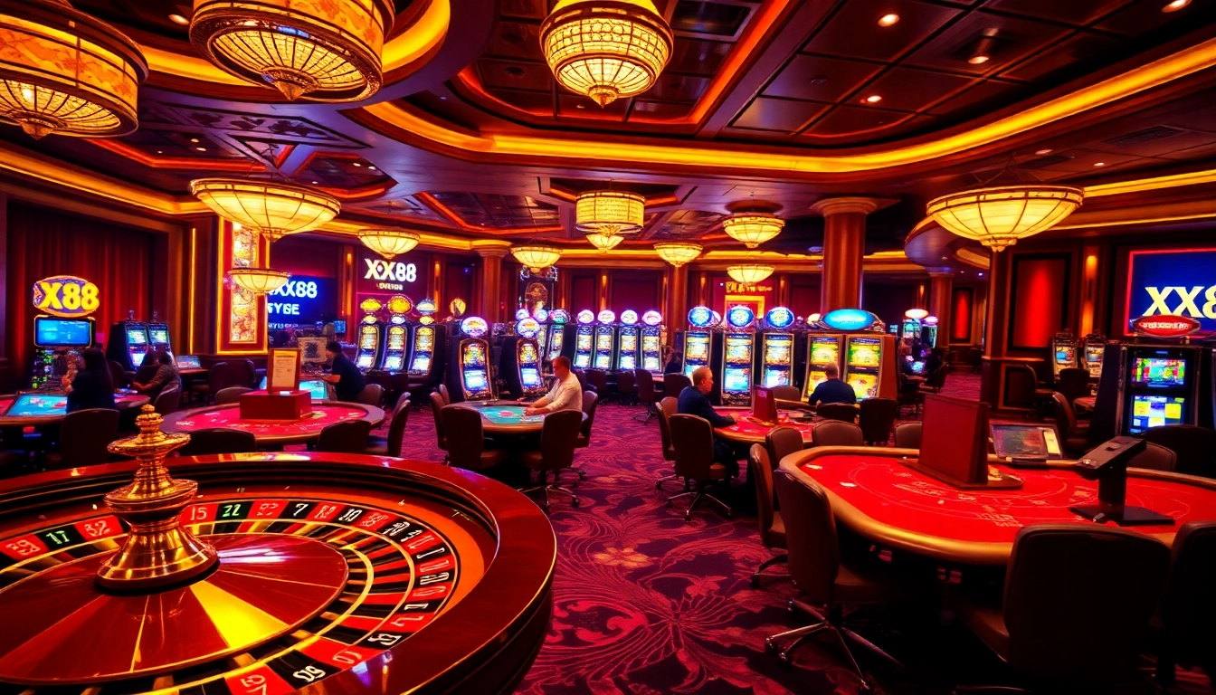 Exciting casino scene with XX88 branding on betting slips and vibrant gaming elements.