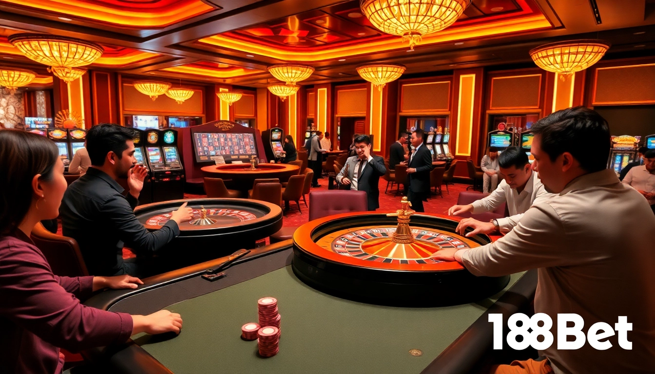 A vibrant scene at a casino featuring a poker game, slot machines, and the energy of https://188bet8.me/ gambling.