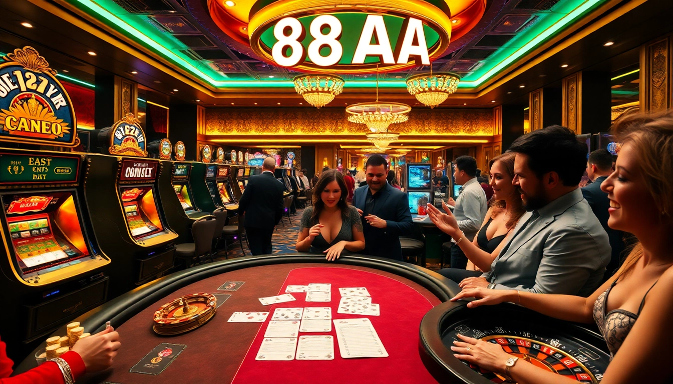 Exciting scene of gambling action at 88AA casino with poker table, slot machines, and roulette wheel.