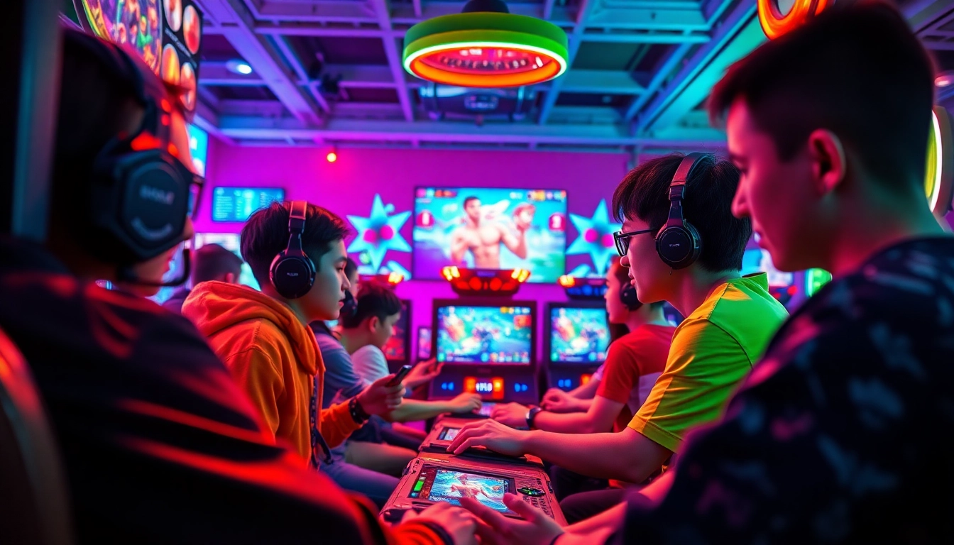 Exciting nk88 gaming scene with players engaging on devices and vibrant graphics.